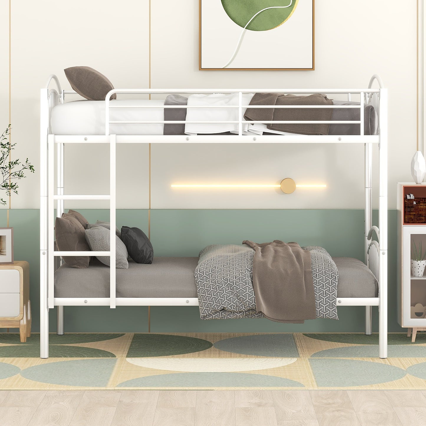 Chrome Finish Metal Twin Bunk Bed - White, Separable Twin Beds