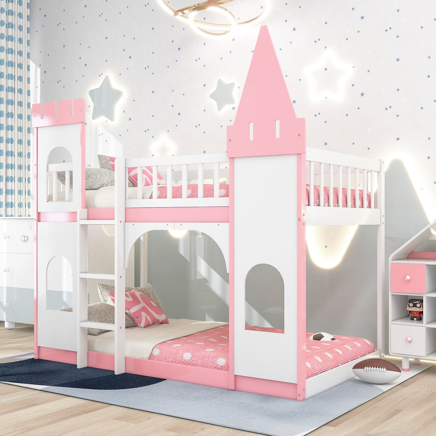 Twin Pink Castle Bunk Bed with Ladder & Play Space