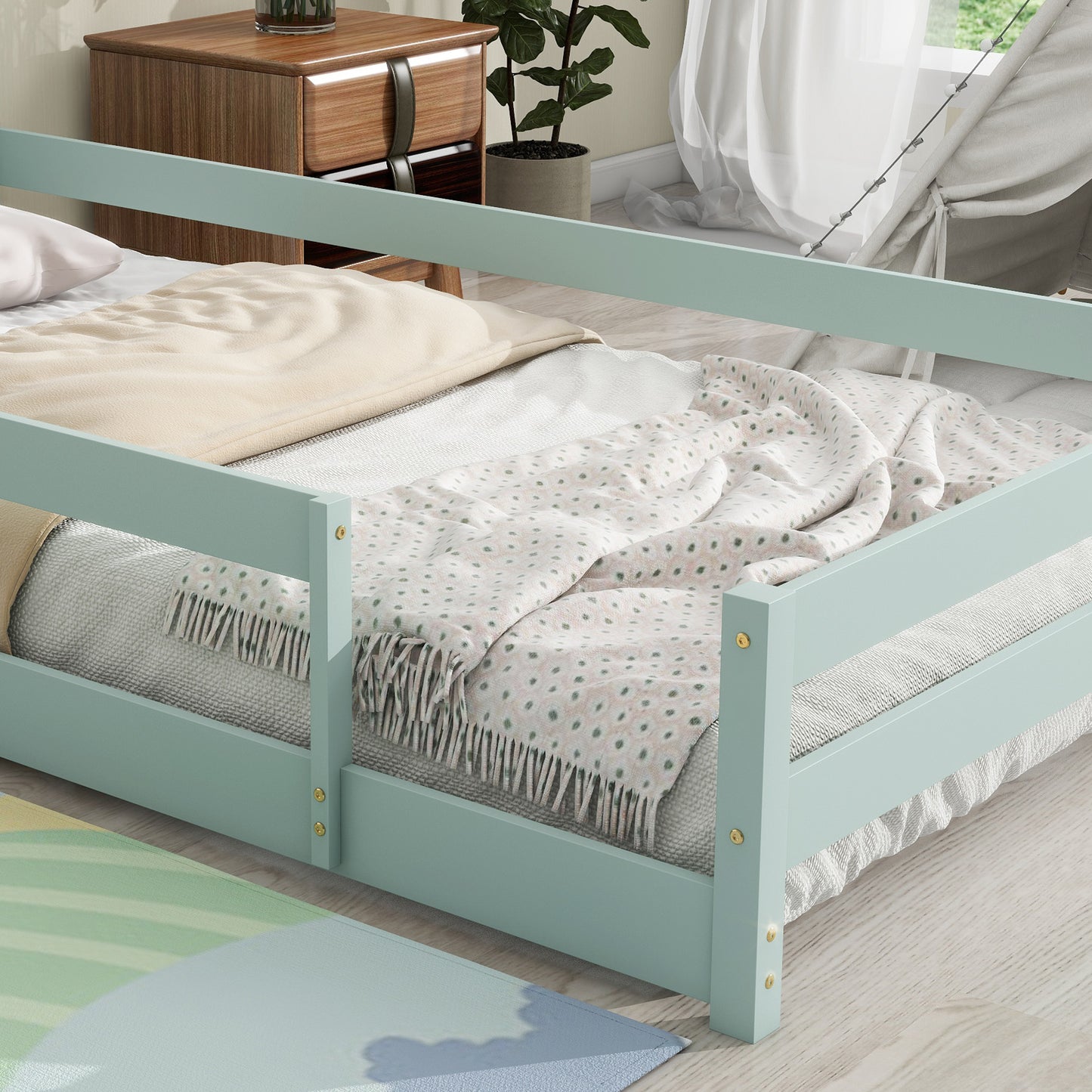 Twin Size Wood bed with House-shaped Headboard Floor bed with Fences,Light Green