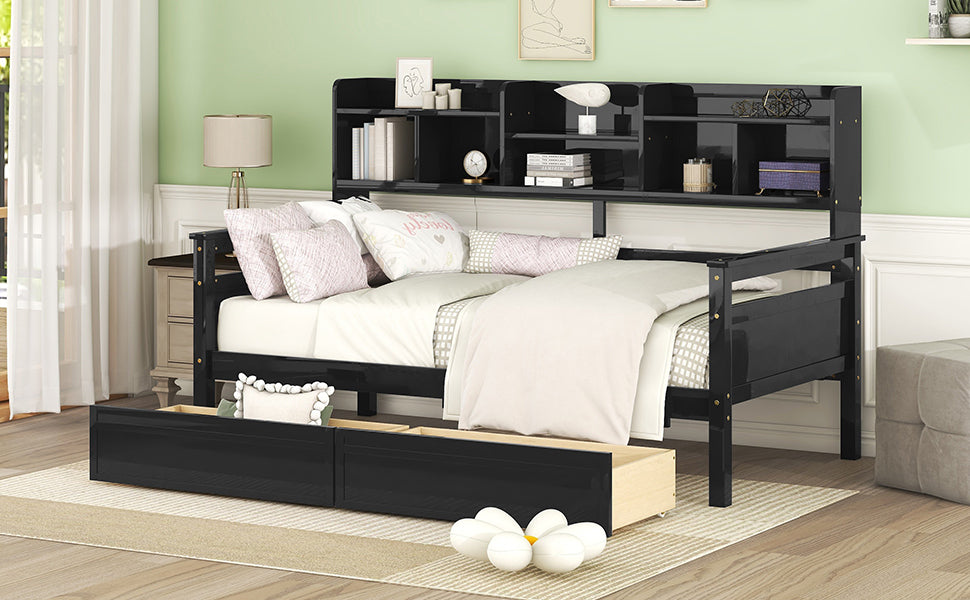 Twin size Daybed, Wood Slat Support, with Bedside Shelves and Two Drawers, Espresso