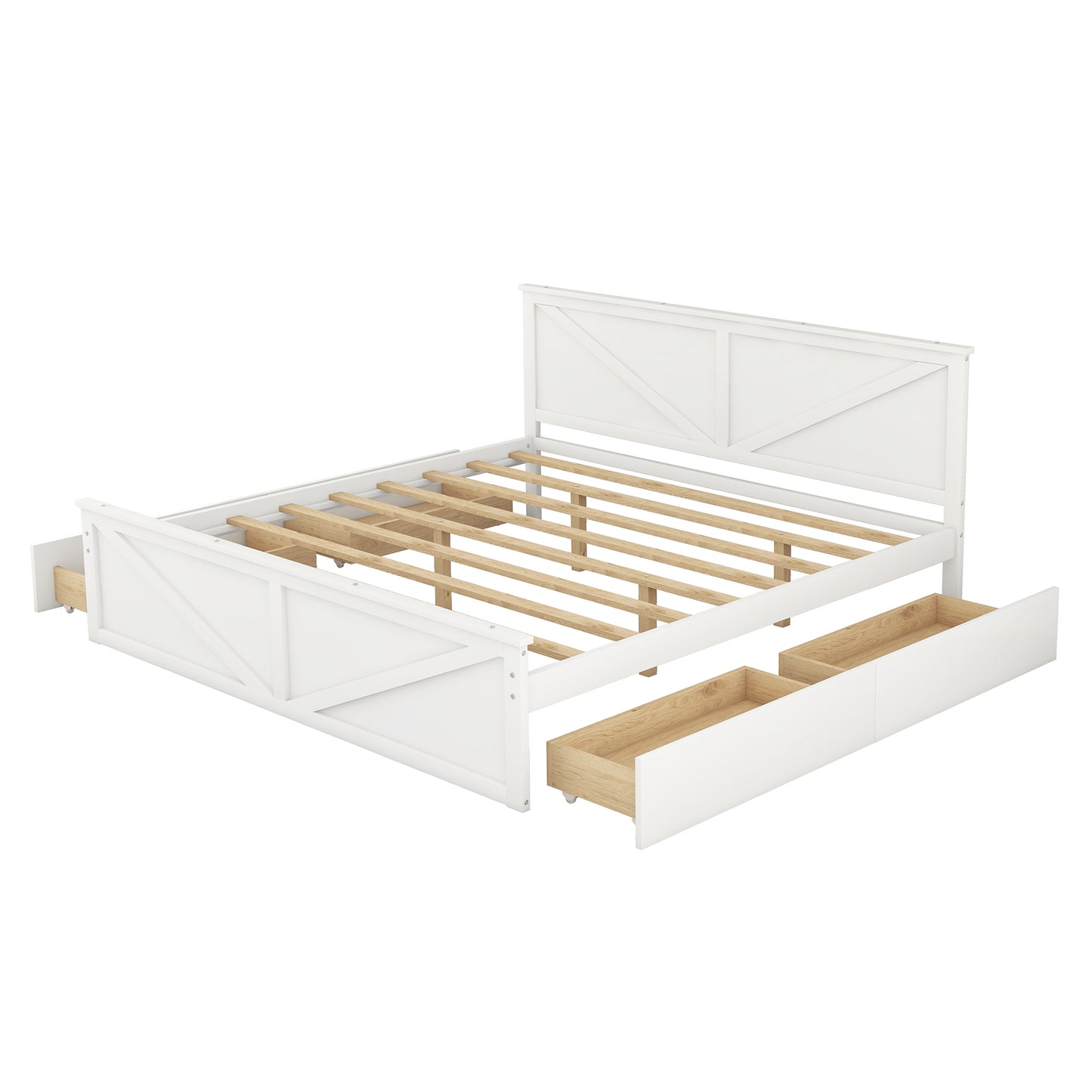 King Size Wooden Platform Bed with Four Storage Drawers and Support Legs, White