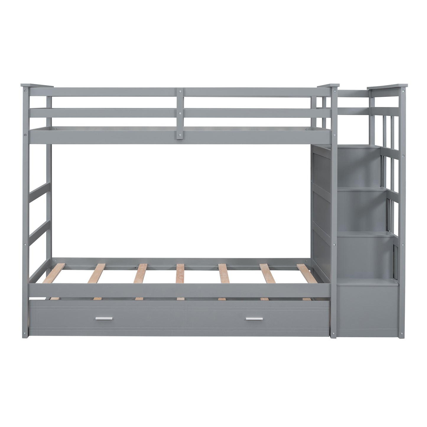 Gray Twin Bunk Bed with Trundle Staircase