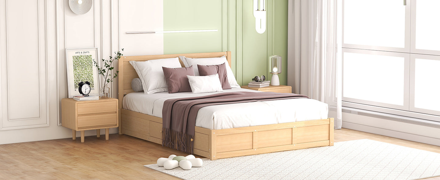 Queen Size Wood Platform Bed with Underneath Storage and 2 Drawers, Wood Color