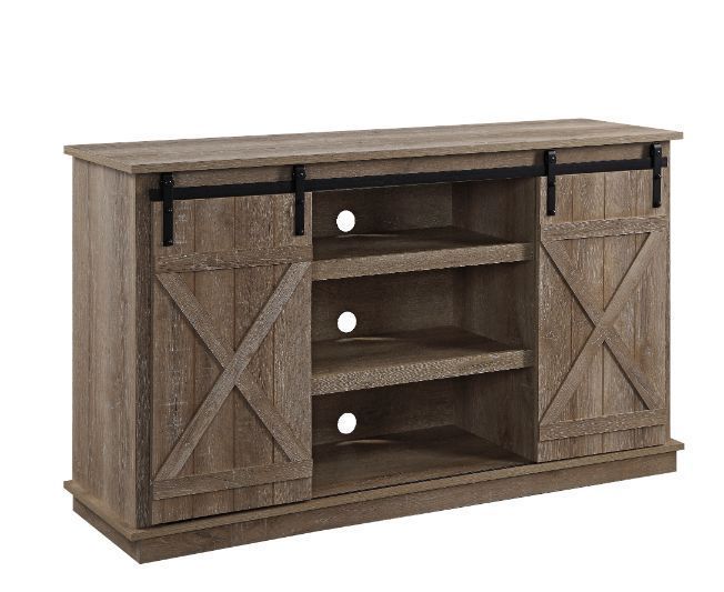 Bellona Oak Finish TV Stand with Sliding Barn Doors, Industrial Style