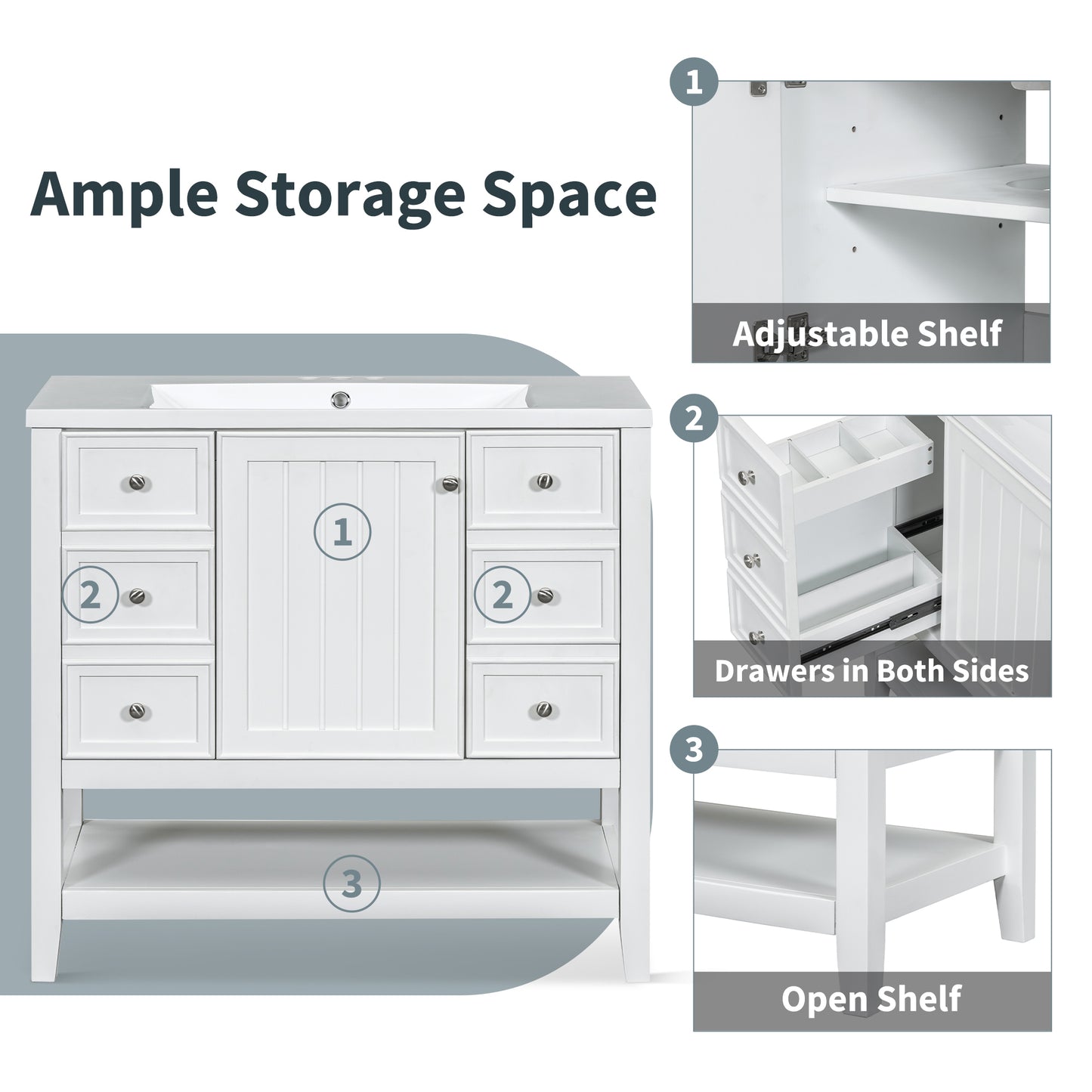 36" Bathroom Vanity without Sink, Cabinet Base Only, One Cabinet and three Drawers, White