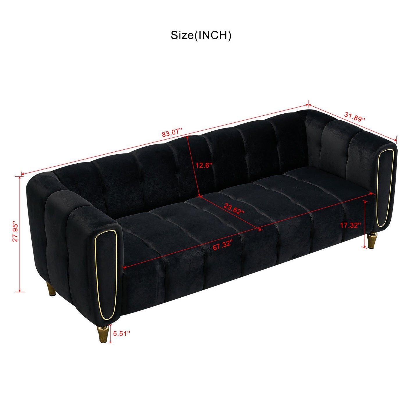 Modern Velvet Sofa 83.07 inch for Living Room Black Color