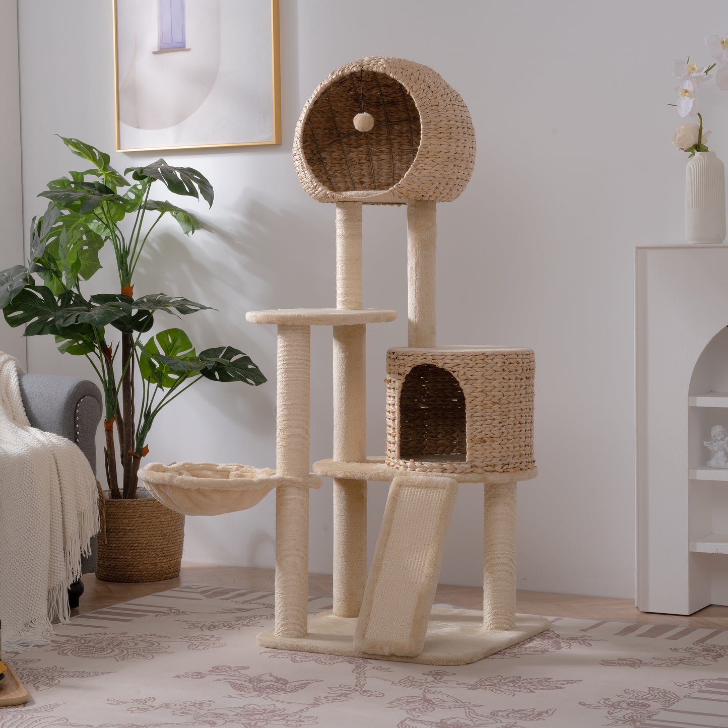 Cat Tree, 59-Inch Cat Tower for Indoor Cats, Plush Multi-Level Cat Condo with 2 Perches, 2 Caves, Cozy Basket and Scratching Board, Beige