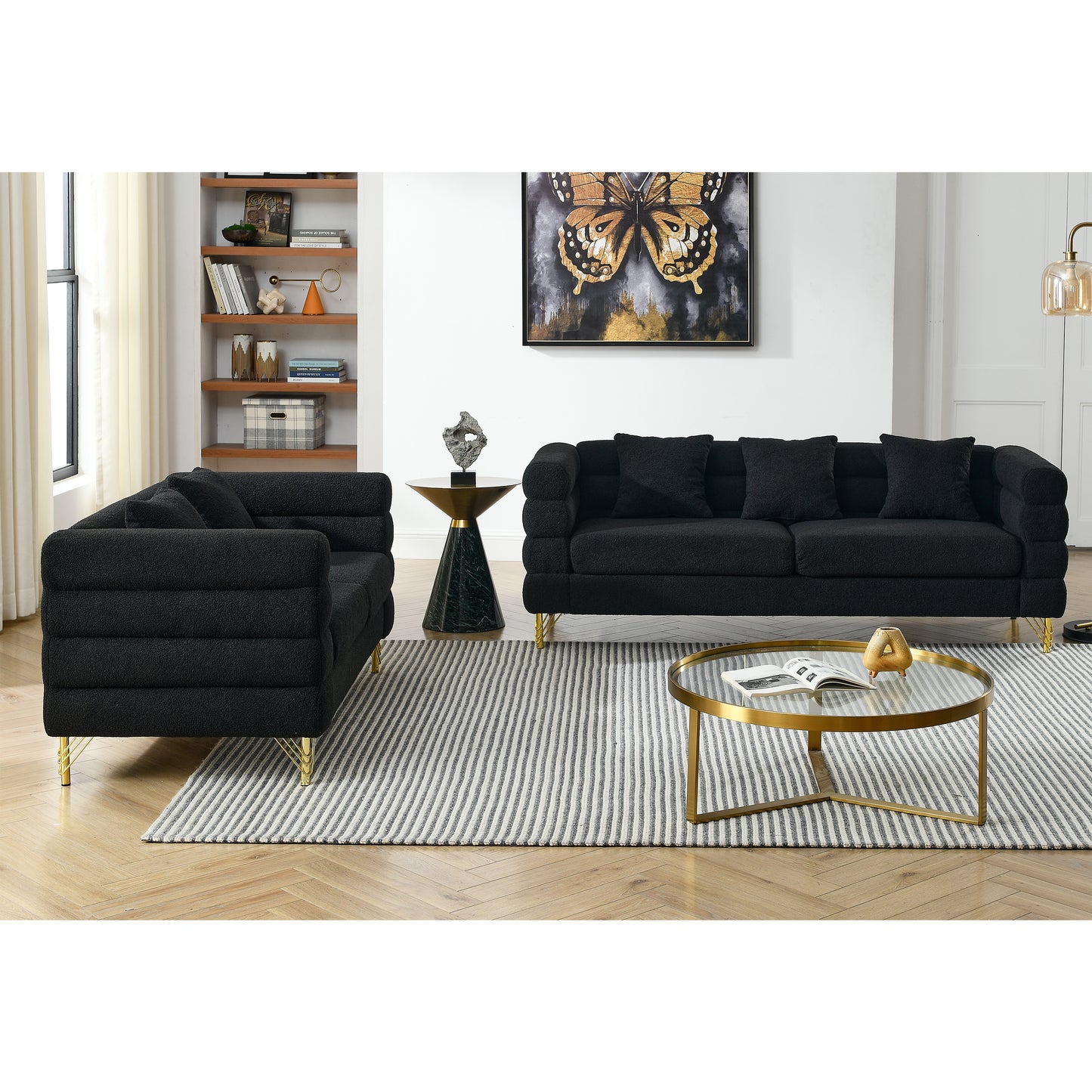 3-seater and 2-seater Combination Sofa - Black Teddy with Streamline Modern Design