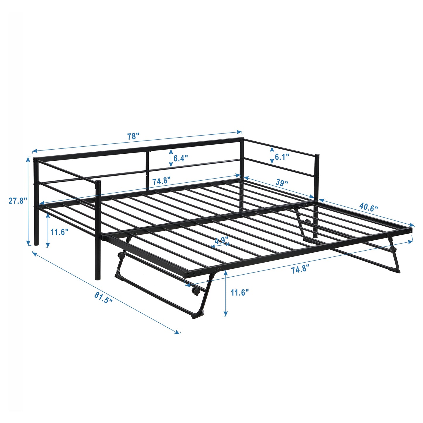 Twin Size Metal Daybed with Adjustable Trundle, Pop Up Trundle, Black