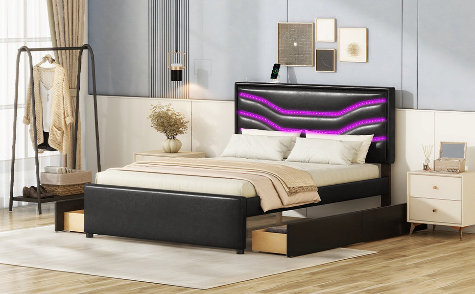 Queen Size Upholstered Storage Platform Bed with LED, 4 Drawers and USB Charging, Black