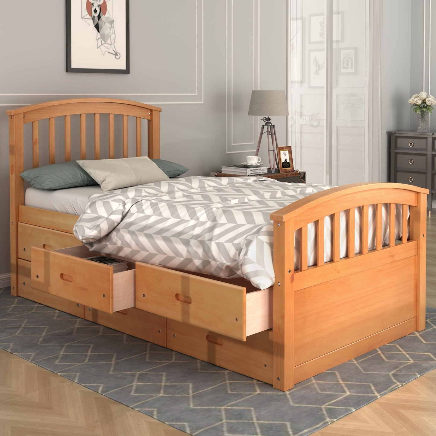 Twin Size Platform Storage Bed Solid Wood Bed with 6 Drawers