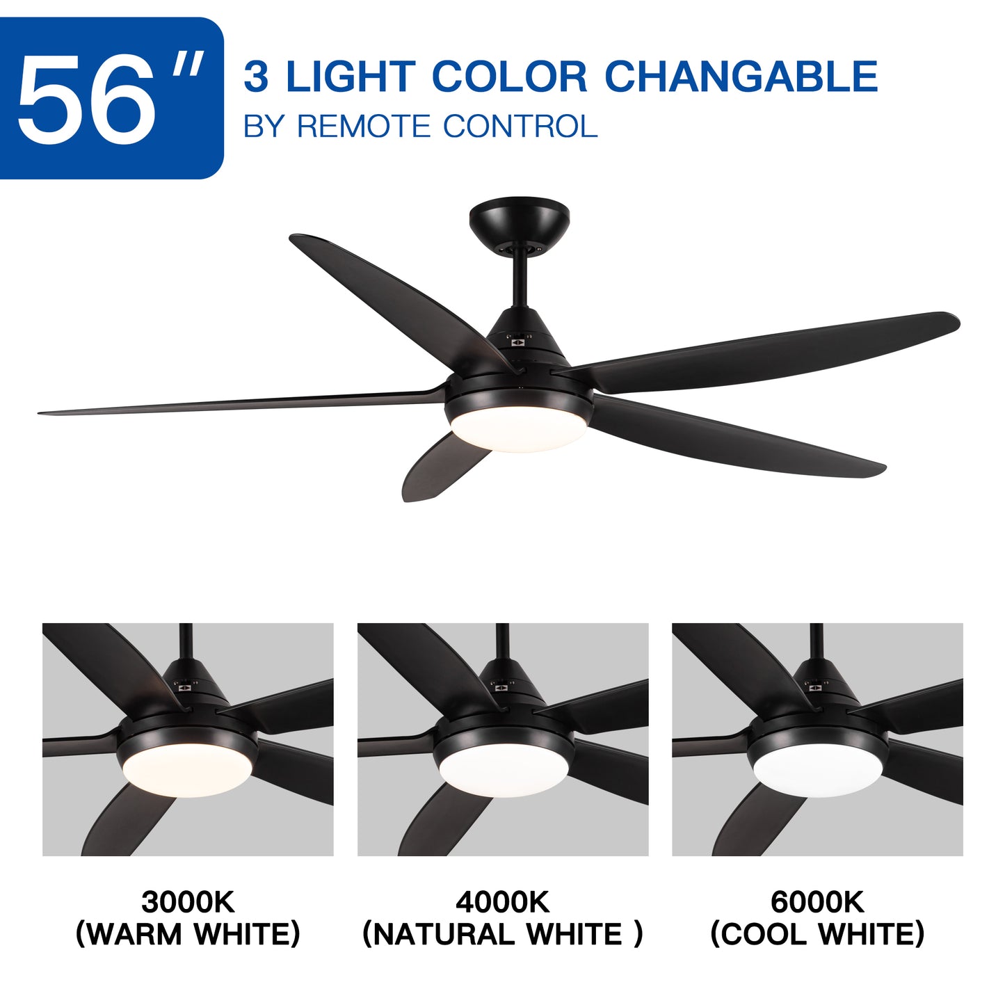 56-Inch Integrated LED Black ABS Blade Ceiling Fan with Lighting