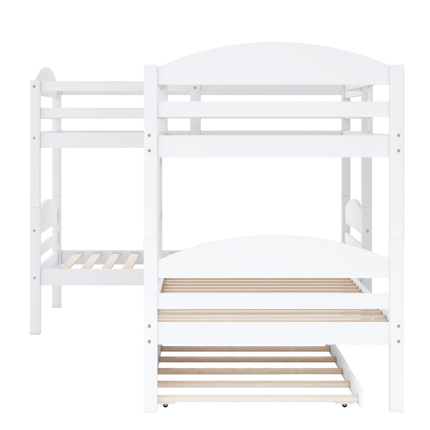 L-Shaped Bunk Bed with Trundle and Three Twin Size Beds