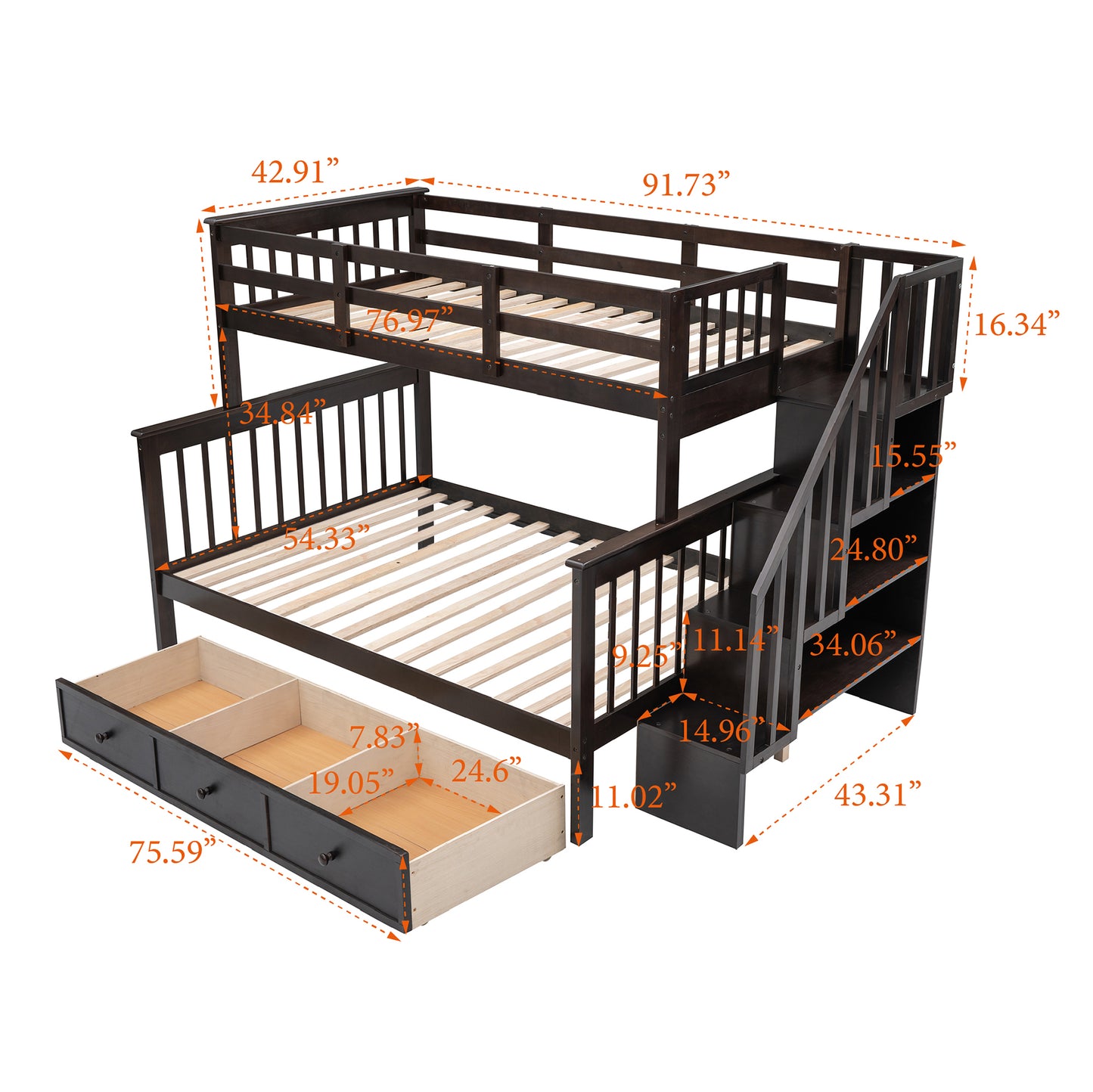 Stairway Twin-Over-Full Bunk Bed with Drawer and Storage in Espresso - Ultimate Sleeping Solution