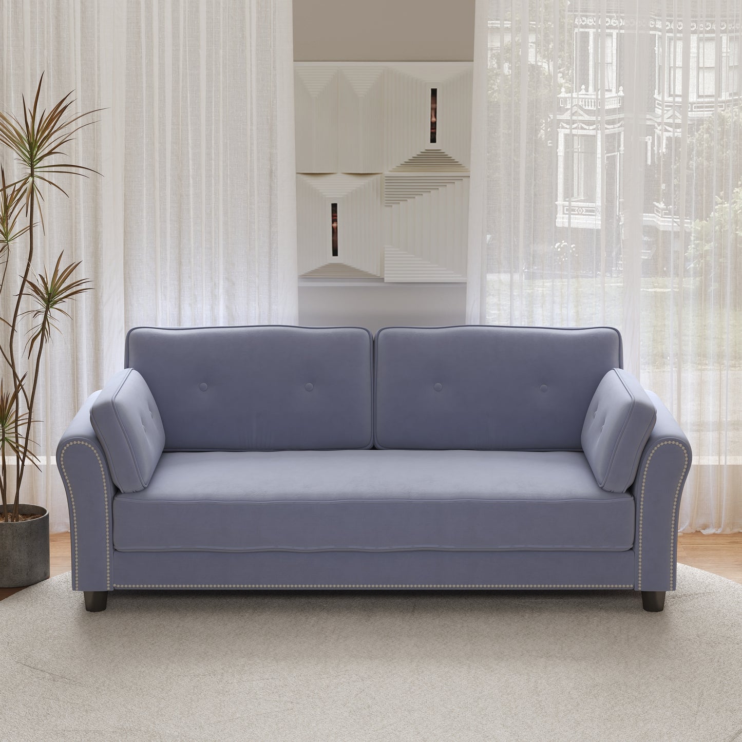 Elegant 79 Grey Velvet Sofa with Nail Head Trim and Button Back