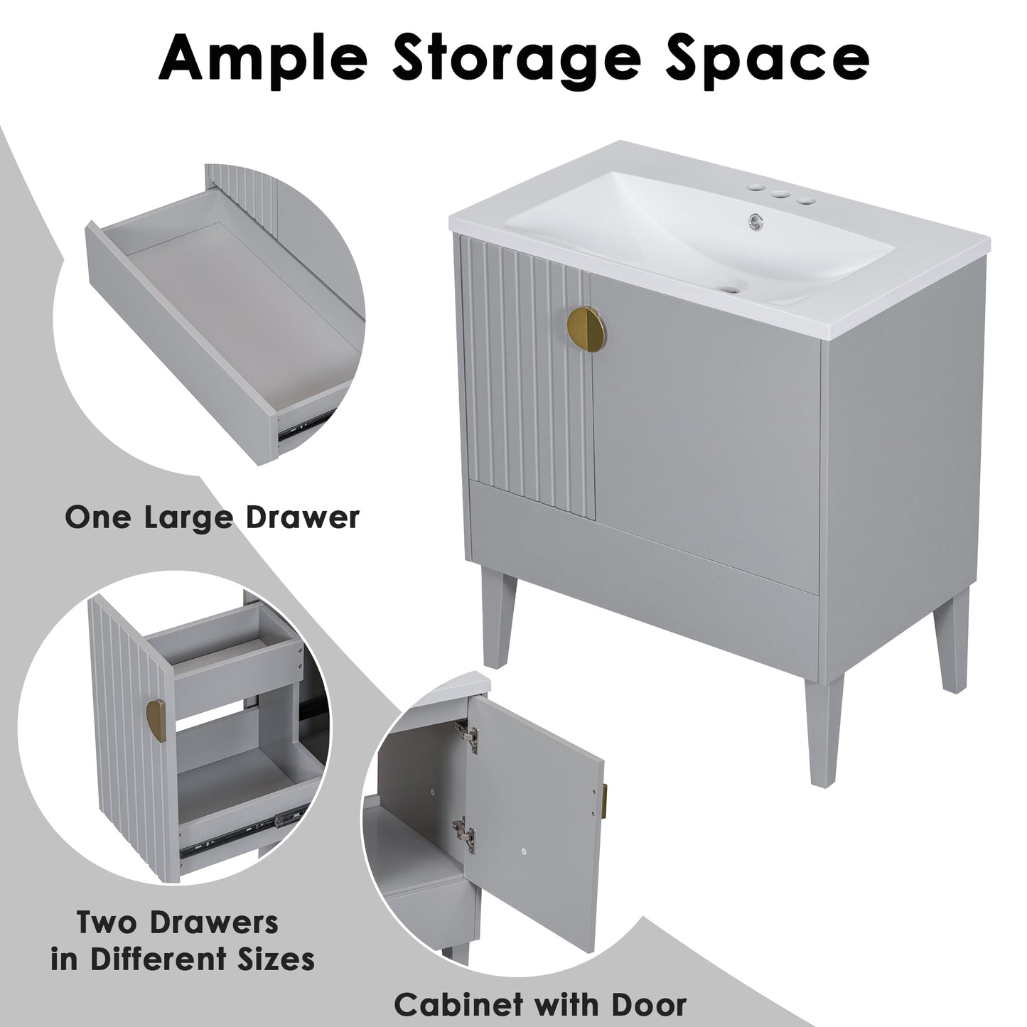 30" Bathroom Vanity with Sink Combo, Bathroom Cabinet with Door and Drawers, Solid Frame and MDF Board, Grey