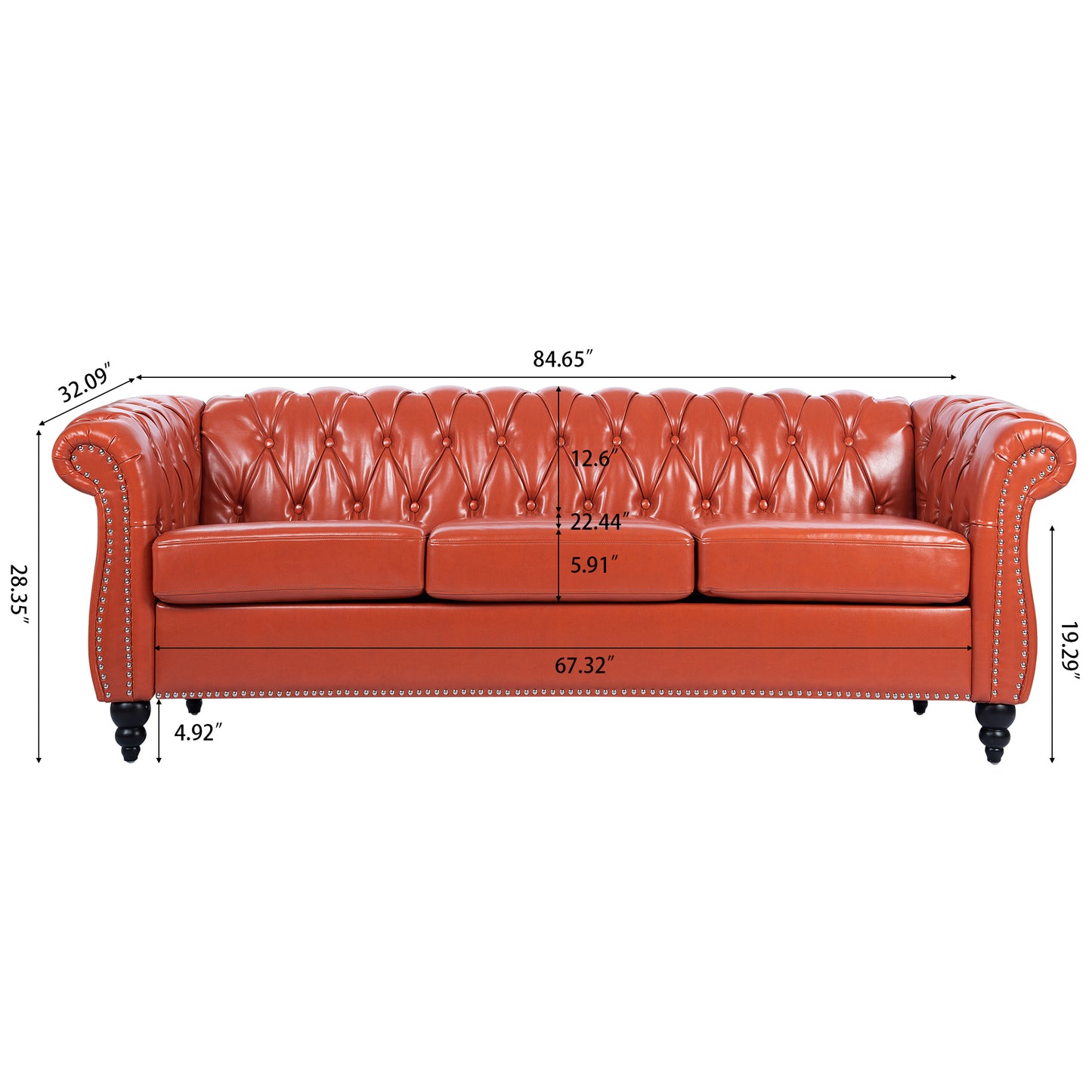 Classic Design 3-Seater Sofa with Rolled Arms and Chesterfield Look