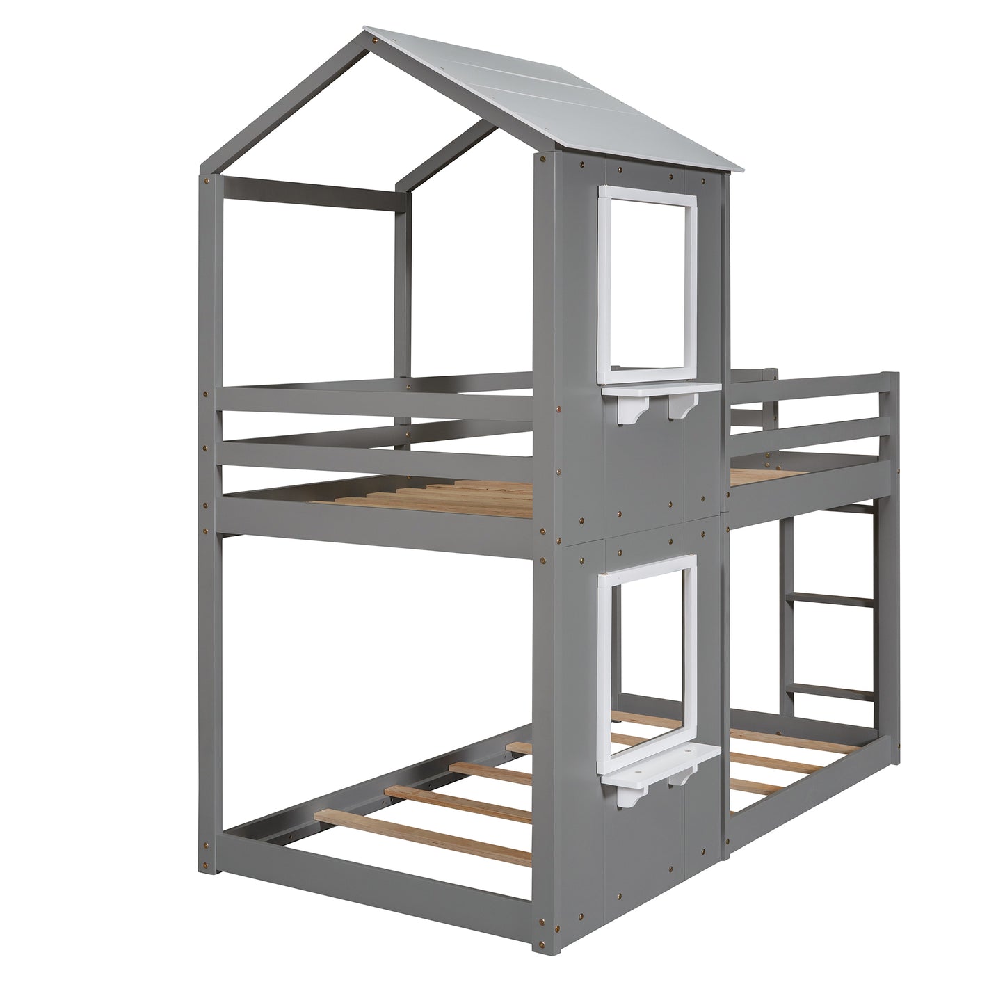 Twin Over Twin Playhouse Bunk Bed with Pitched Roof and Window (White)