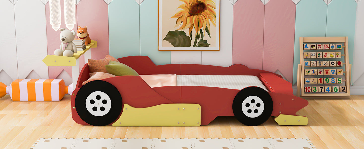 Full Size Race Car-Shaped Platform Bed with Wheels,Red