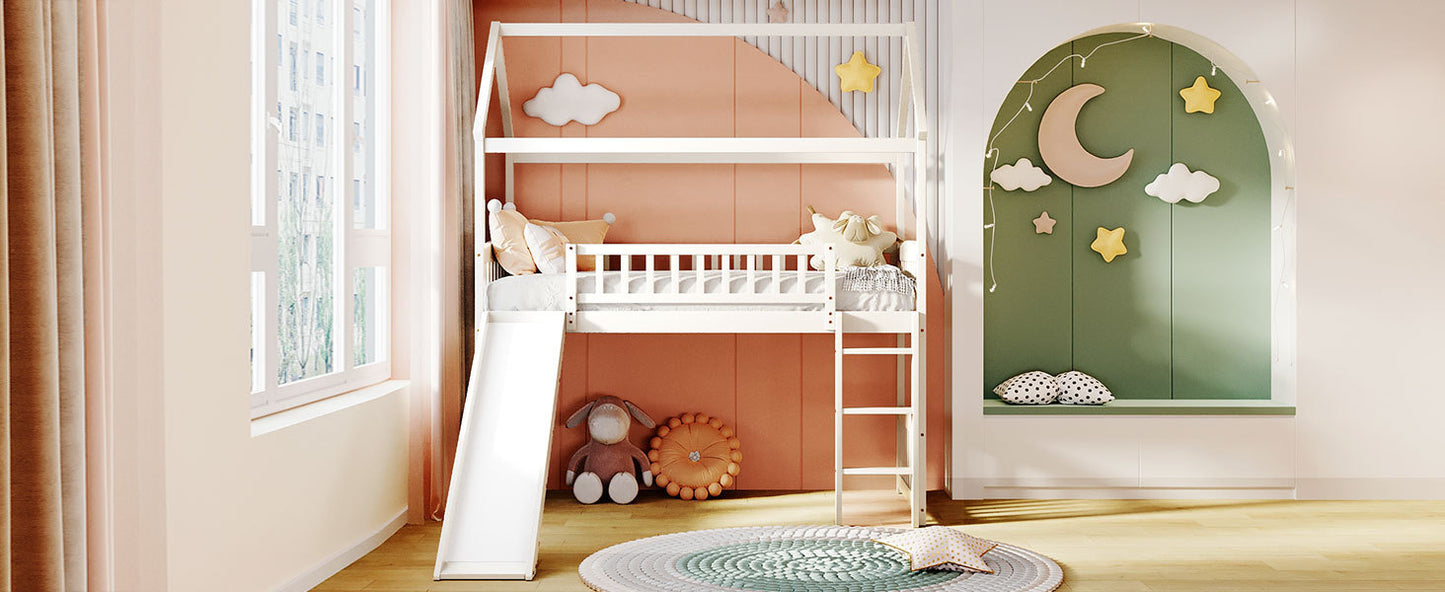 Twin Loft Bed with Slide, House Bed with Slide,White( :LT000212AAK)