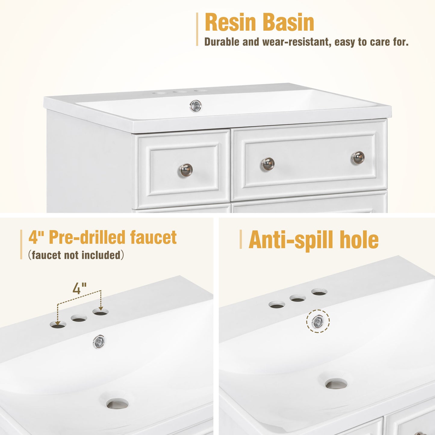 24-Inch Bathroom Vanity Cabinet with Resin Integrated Sink, 2 Drawers, 1 Door – Easy to Clean, Ample Storage Space