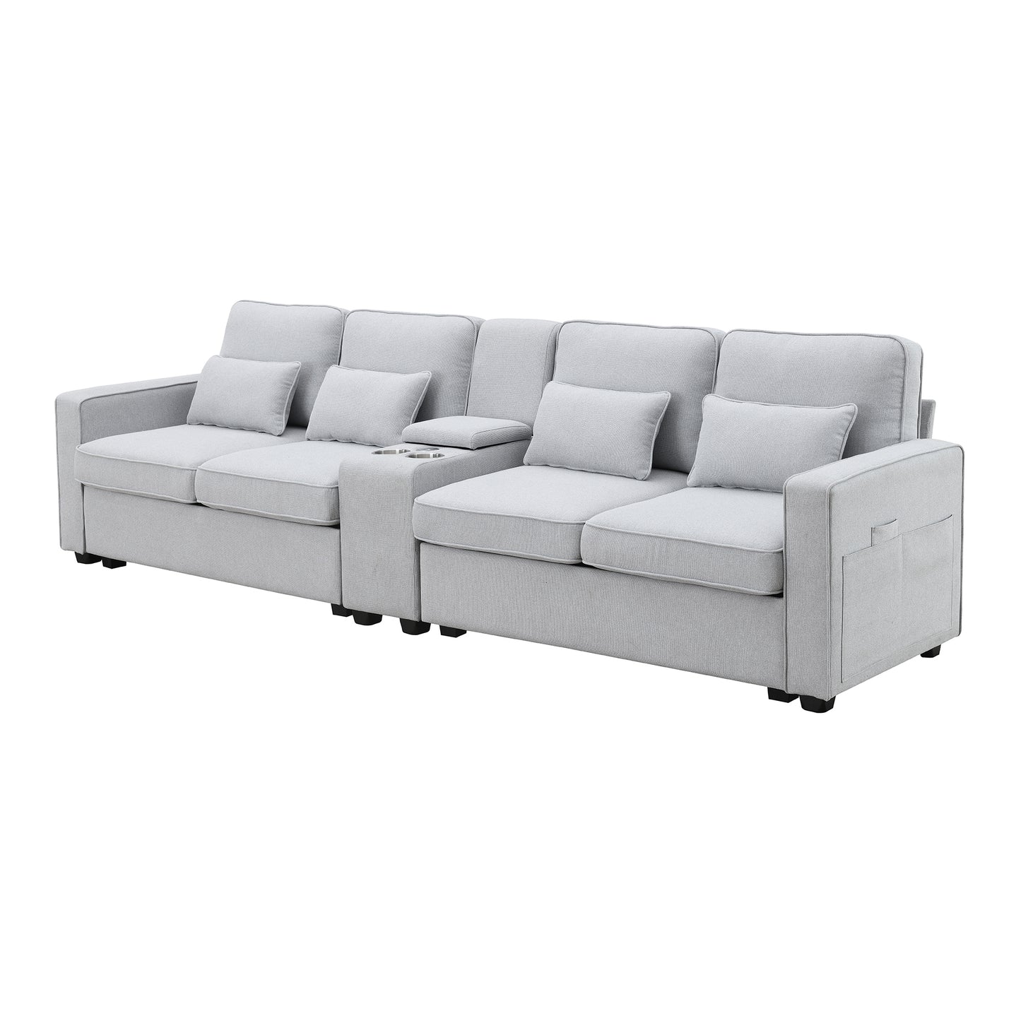 Modern 4-Seat Upholstered Sofa with Console and USB Ports