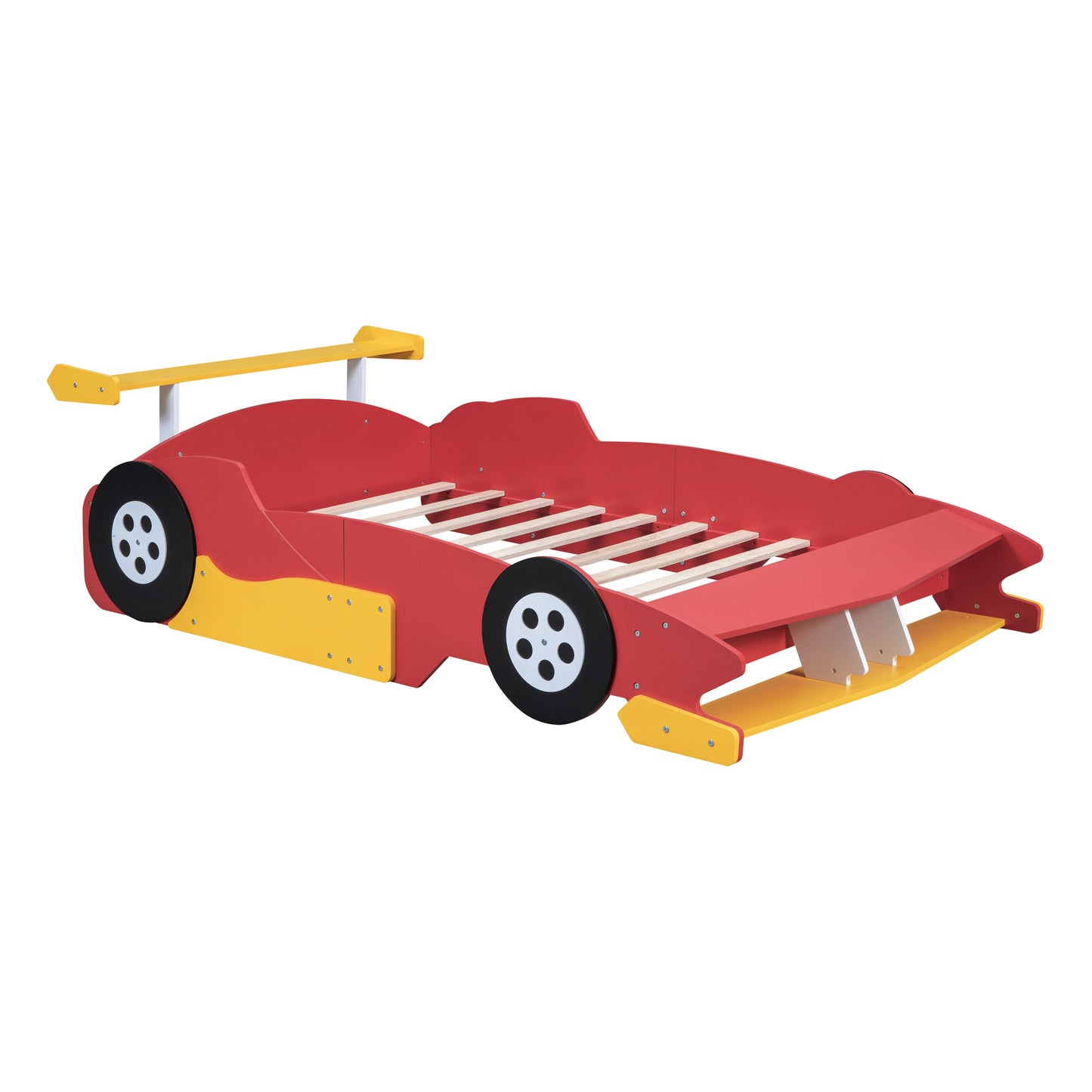 Full Size Race Car-Shaped Platform Bed with Wheels,Red