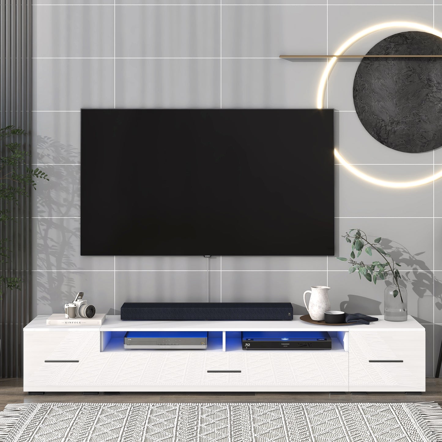 Minimalistic Extended TV Stand with Color Changing LED Lights for 90+ inch TVs