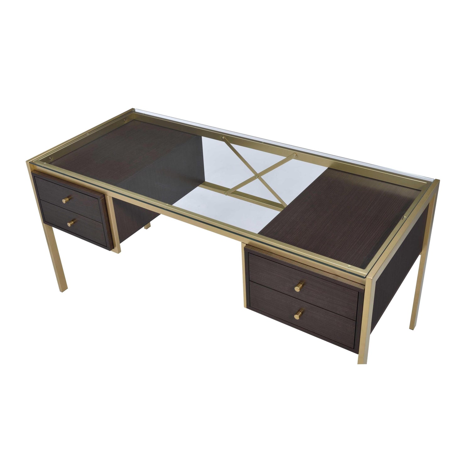 Sophisticated Gold and Clear Glass Writing Desk with Wooden Drawers and Industrial Touch