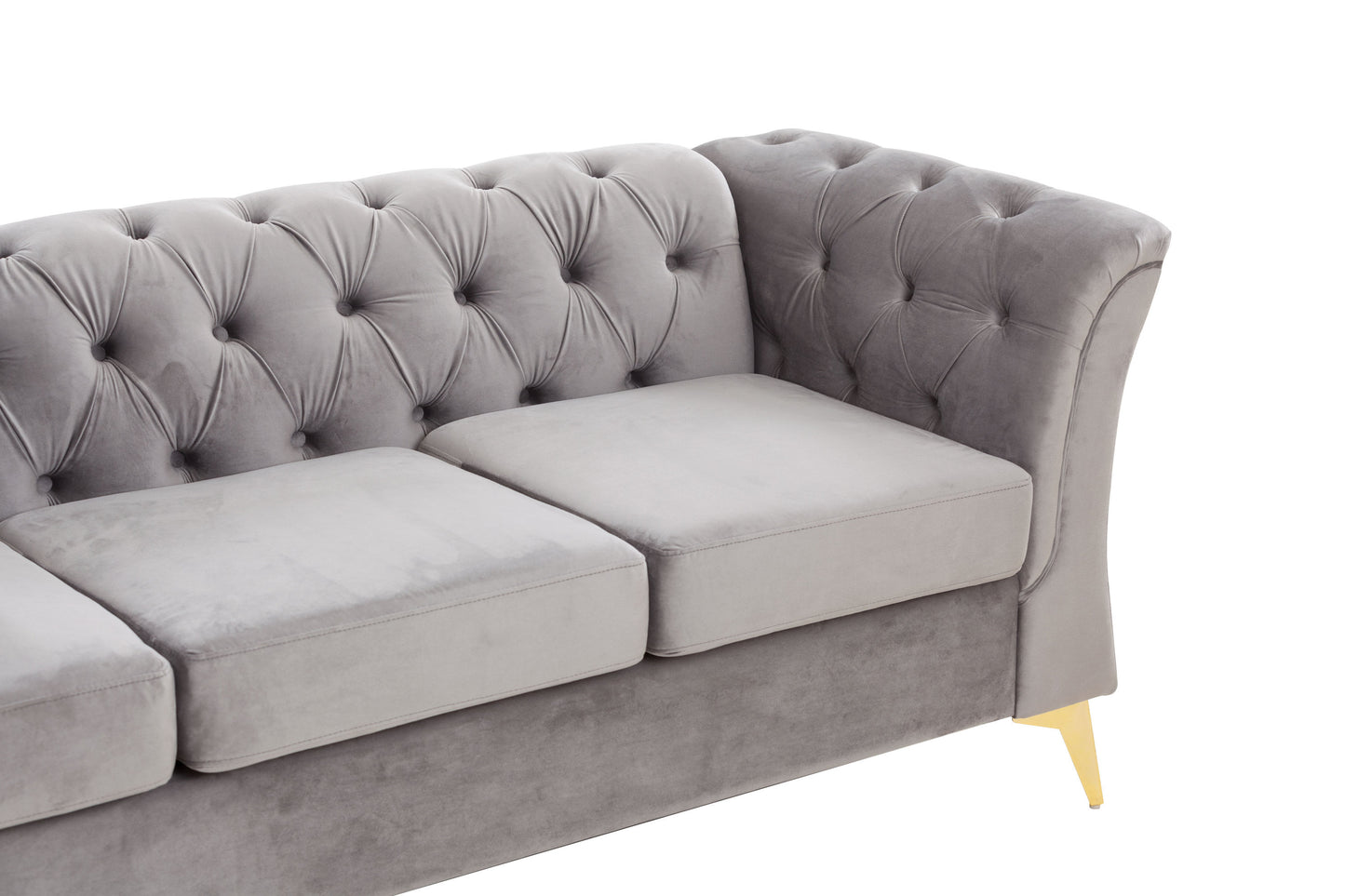 Modern Chesterfield Curved Sofa Tufted Velvet Couch 3 Seat Button Tufed Couch with Scroll Arms and Gold Metal Legs Grey