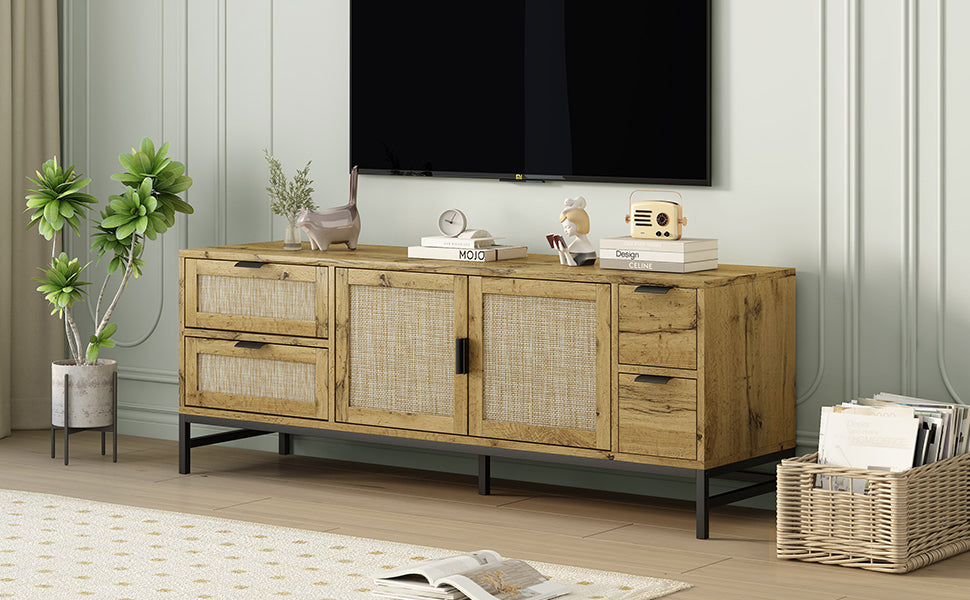 Sleek Boho-Style Rattan TV Console with Adjustable Shelves