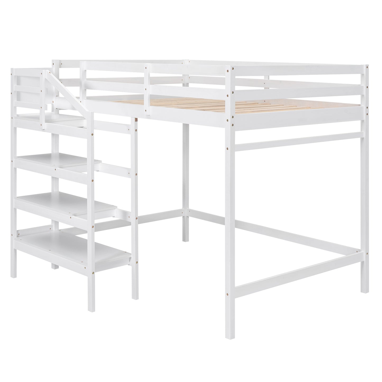 Full Size Loft Bed with Built-in Storage Staircase and Hanger for Clothes, White