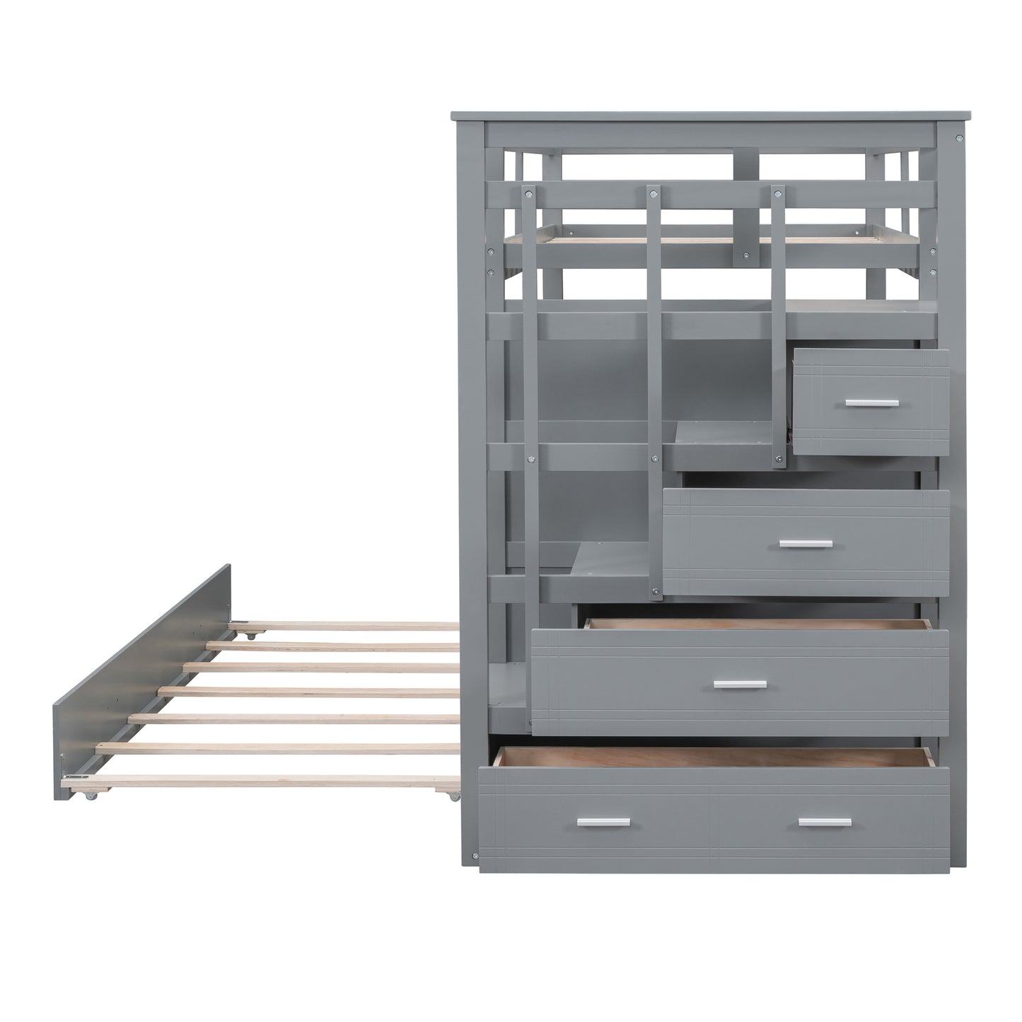 Gray Twin Bunk Bed with Trundle Staircase