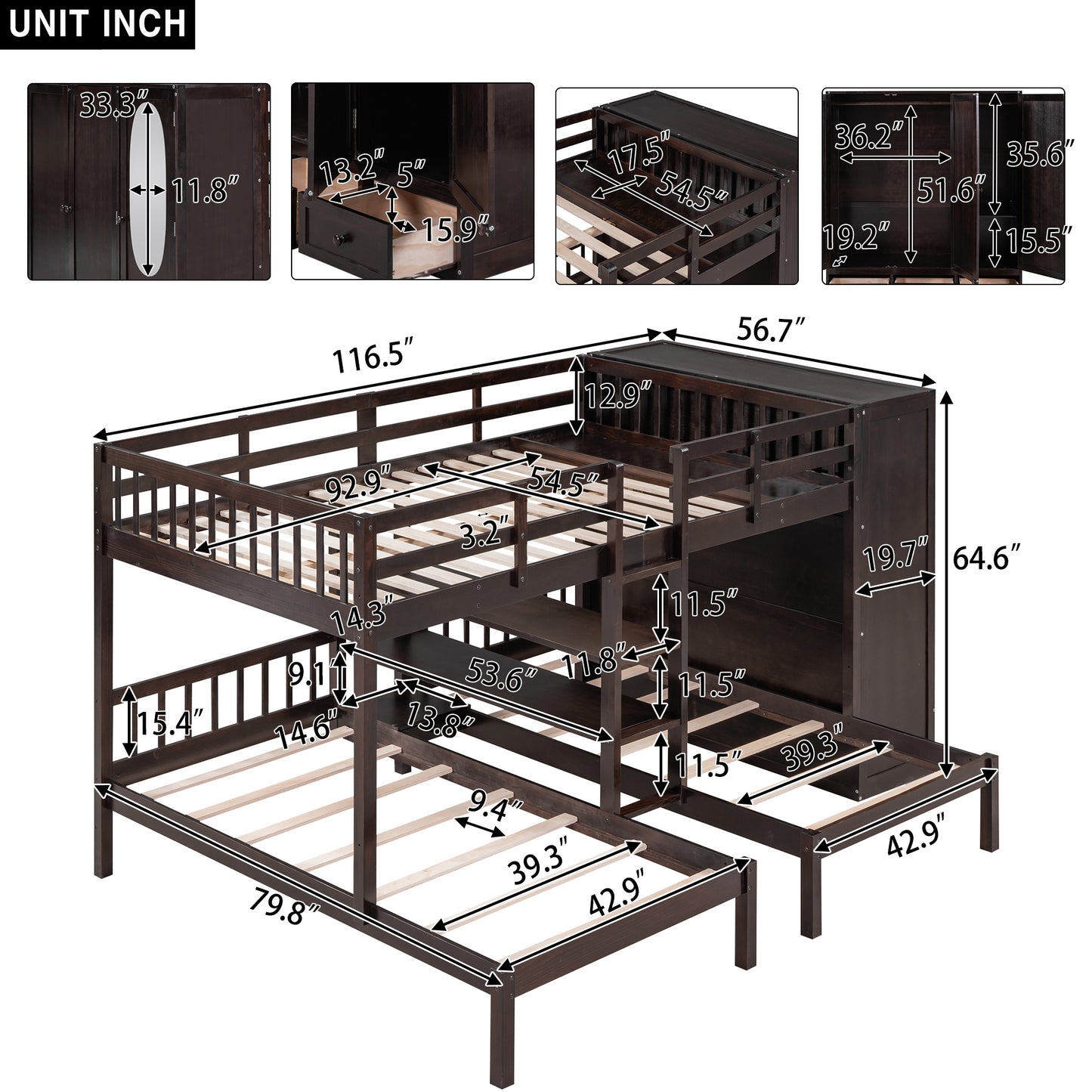 Efficient Espresso Bunk Bed with Twin Over Full, Wardrobe, Mirror, and Shelves