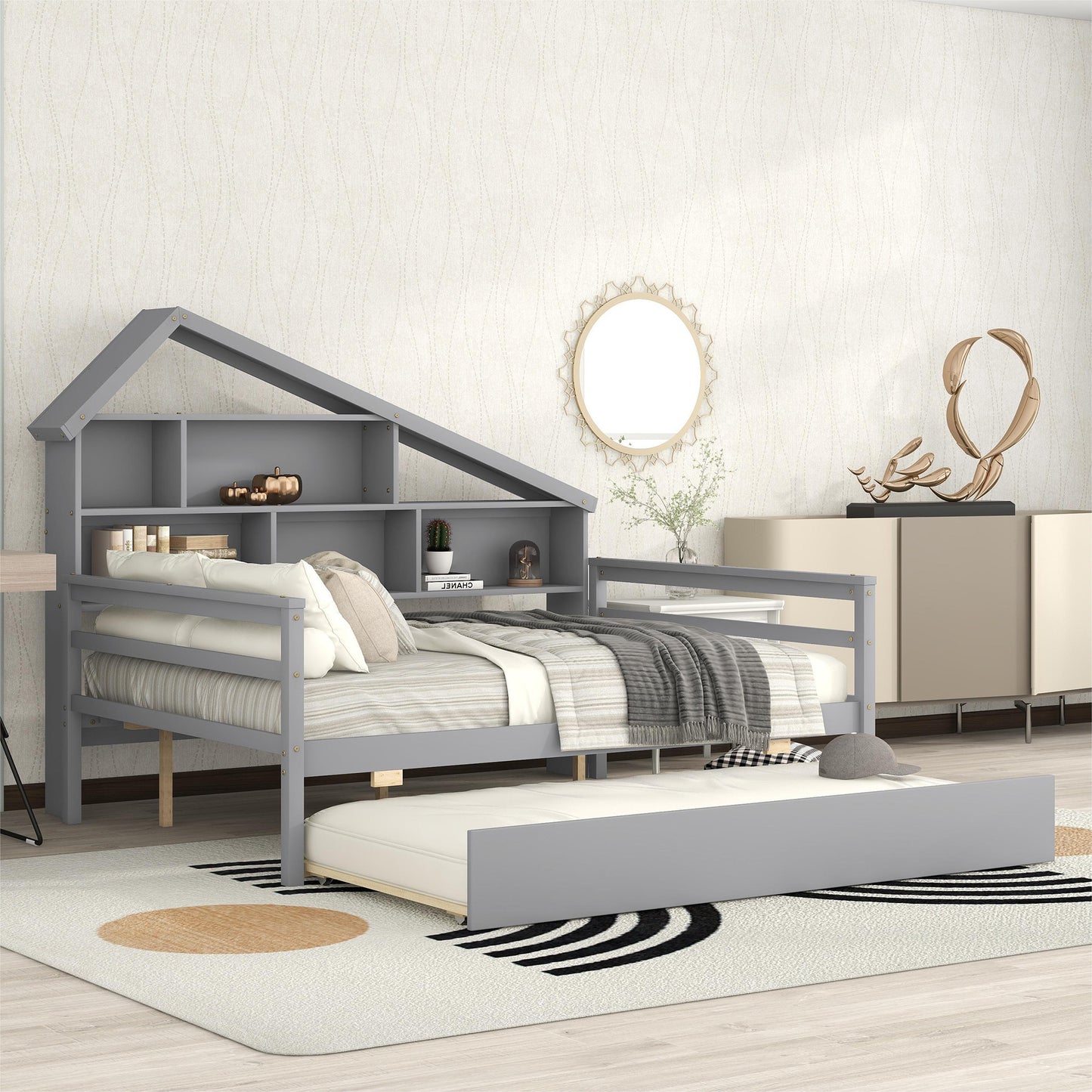 Full Size Platform Bed with Trundle and Shelves, Gray