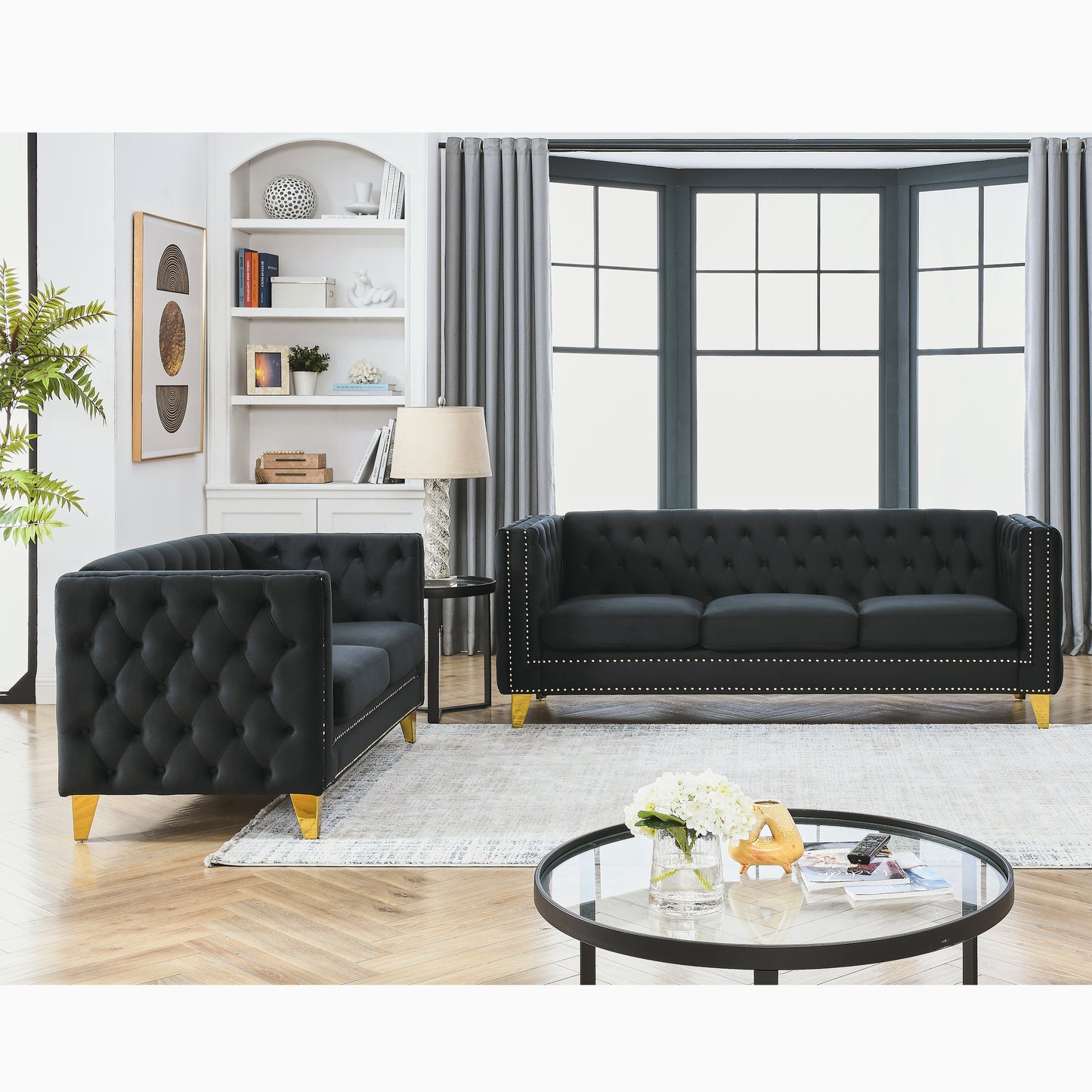 Black Velvet 3-Seater and 2-Seater Combination Sofa