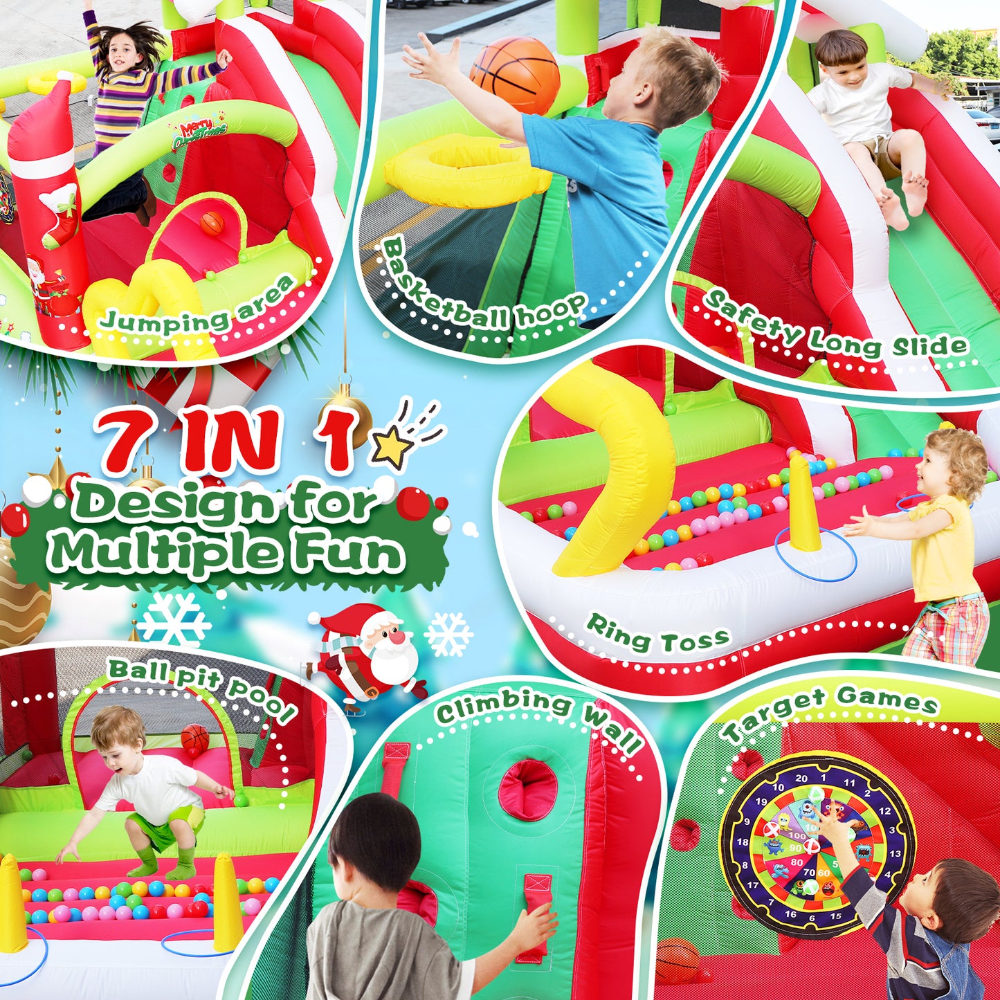 Christmas Joy Inflatable Bouncer with Slide for Kids - Complete Set with Blower