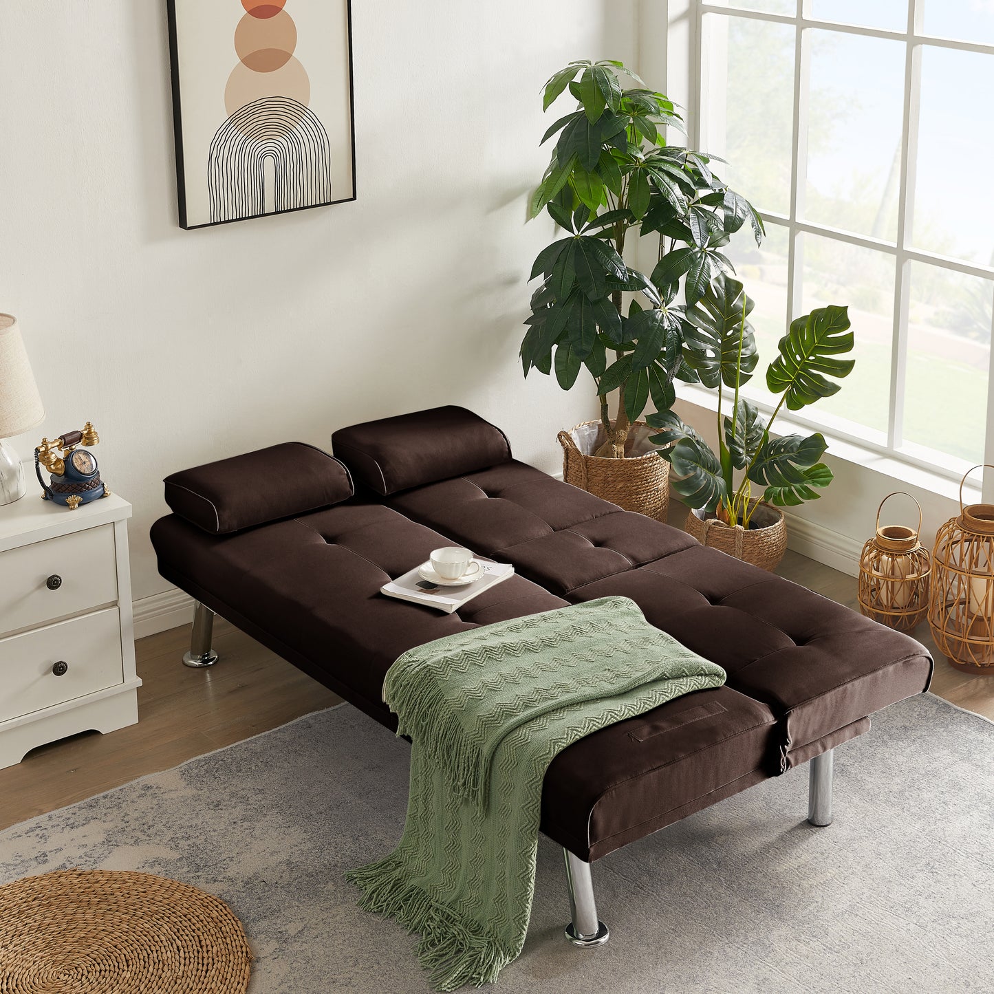 100% Linen Fabric Upholstered Convertible Futon Sofa Bed with Removable Armrests and Cupholders