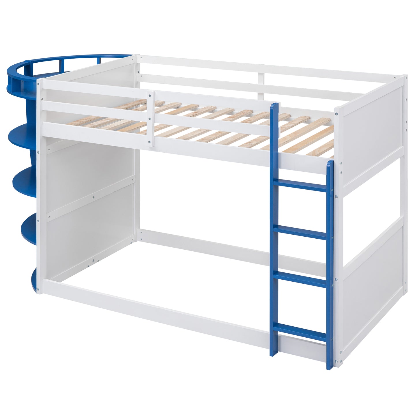 White and Blue Boat-Inspired Twin over Twin Bunk Bed with Storage Shelves