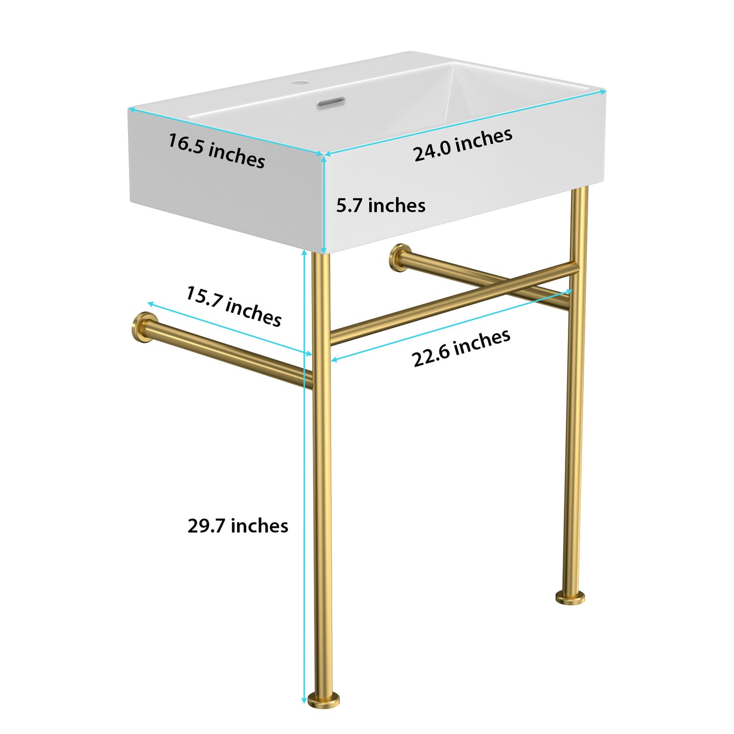 24" Bathroom Console Sink with Overflow,Ceramic Console Sink White Basin Gold Legs