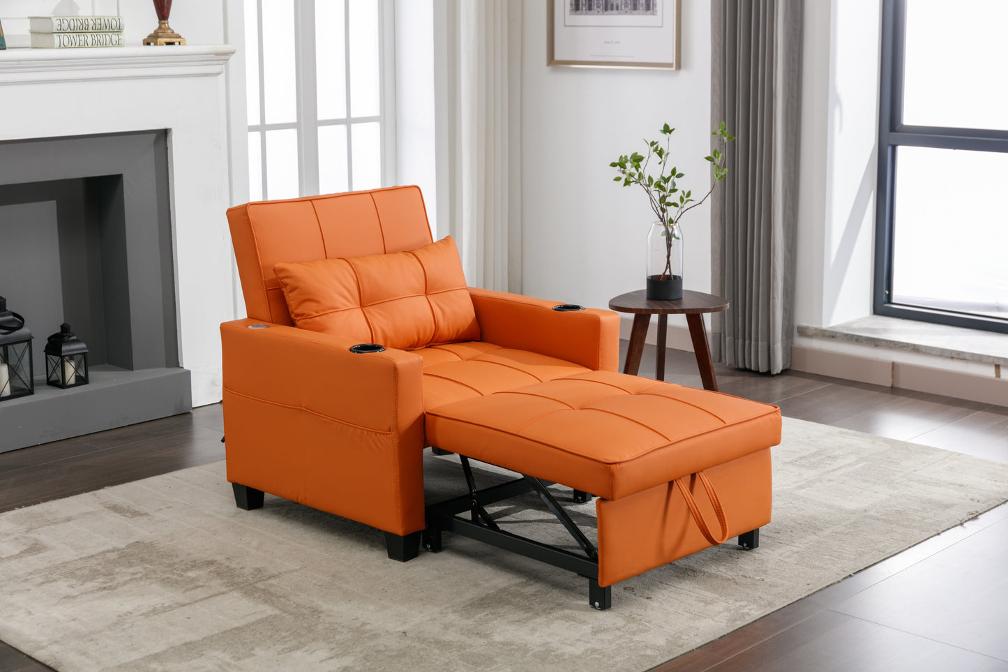 Futon Chair Bed Convertible Chair 3-in-1 Pull Out Sleeper Chair Beds with USB Ports,Wear-resistant and Anti-scratch,  Armchair Bed Sleeper for Living Room (Orange Leather)