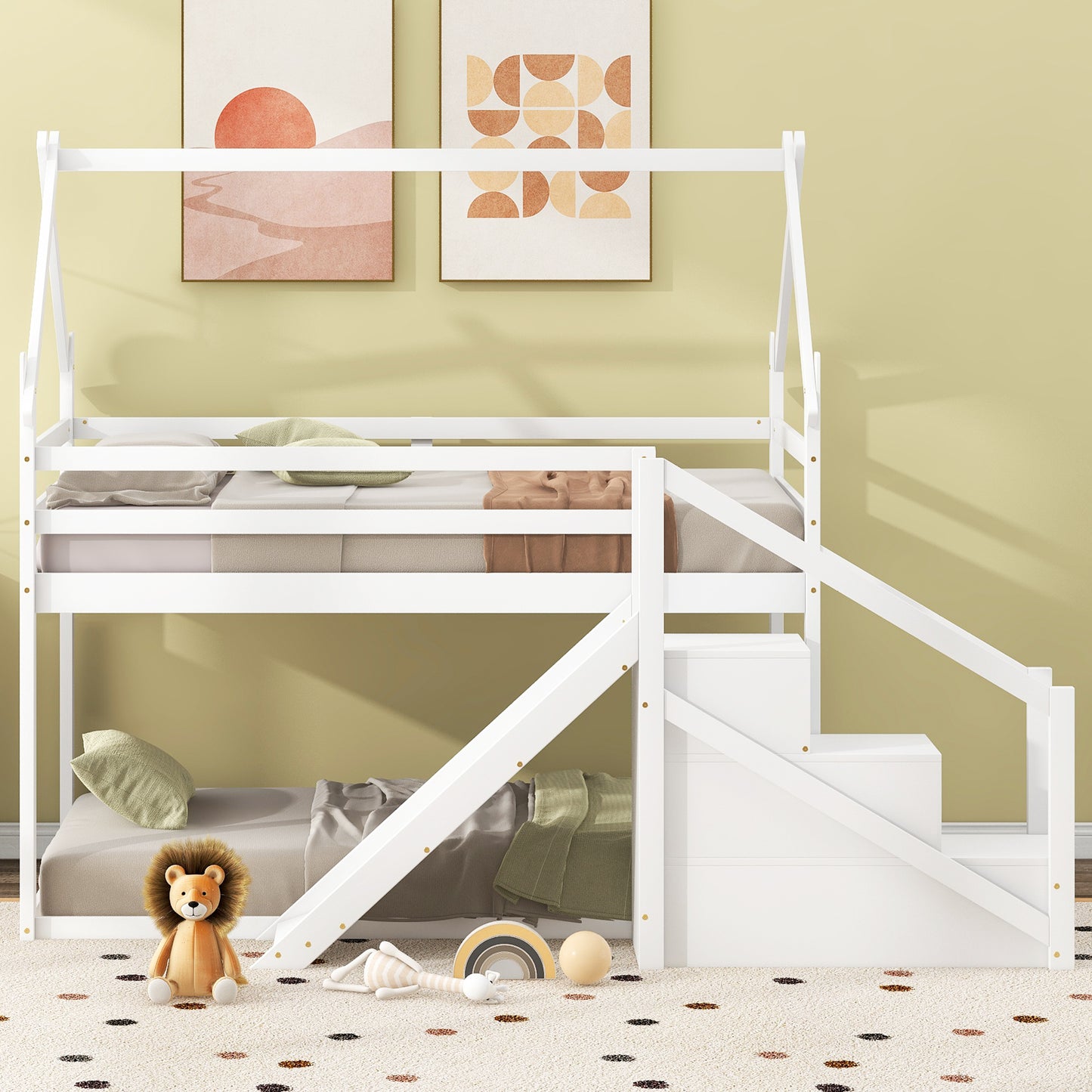 White Twin over Twin House Loft Bunk Bed with Slide, Staircase, Storage, and Play Area