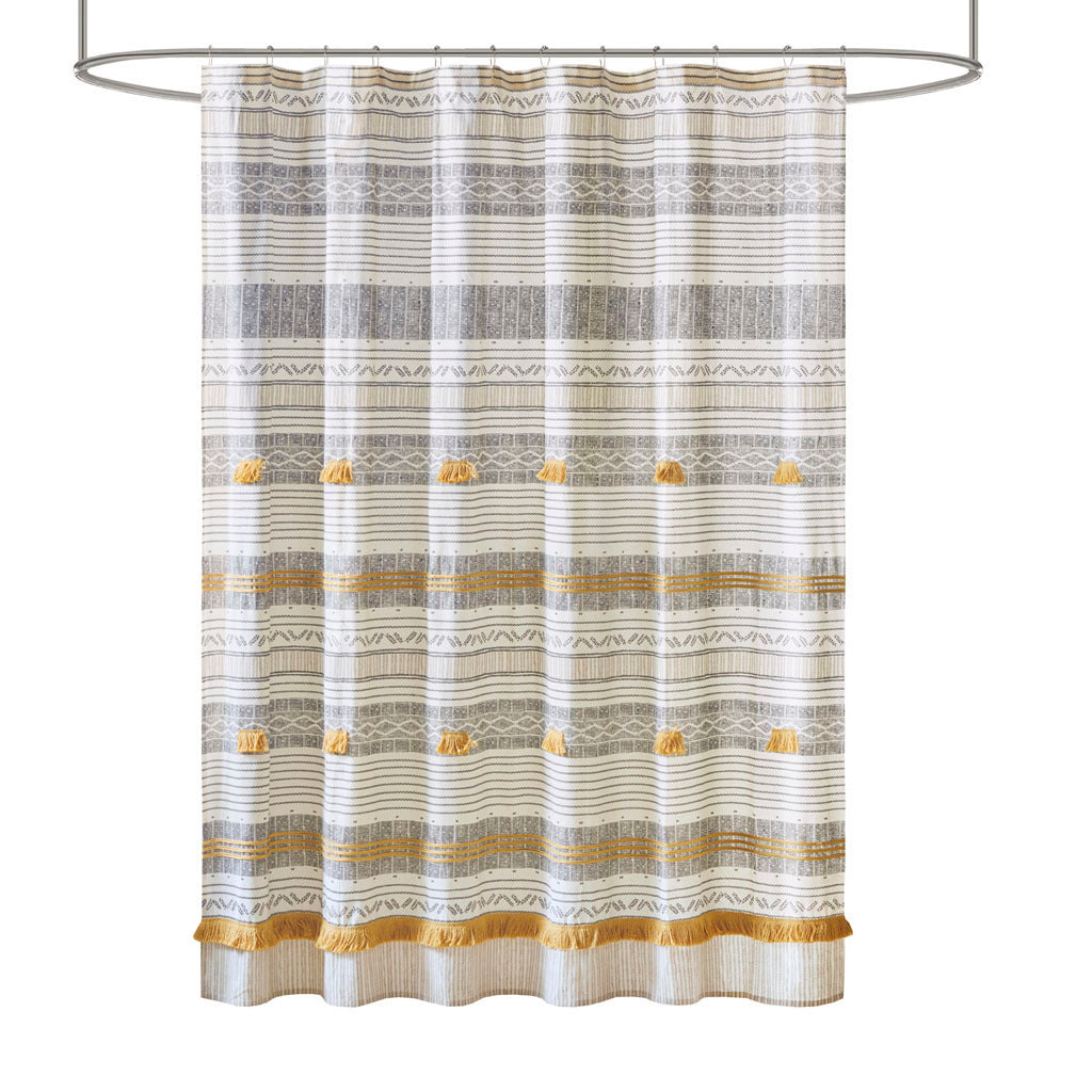 Striped Cotton Shower Curtain with Tassel Embellishments