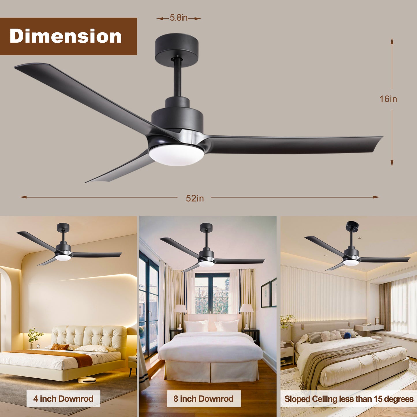 52-Inch Black Rustic Ceiling Fan with Smart Remote Control