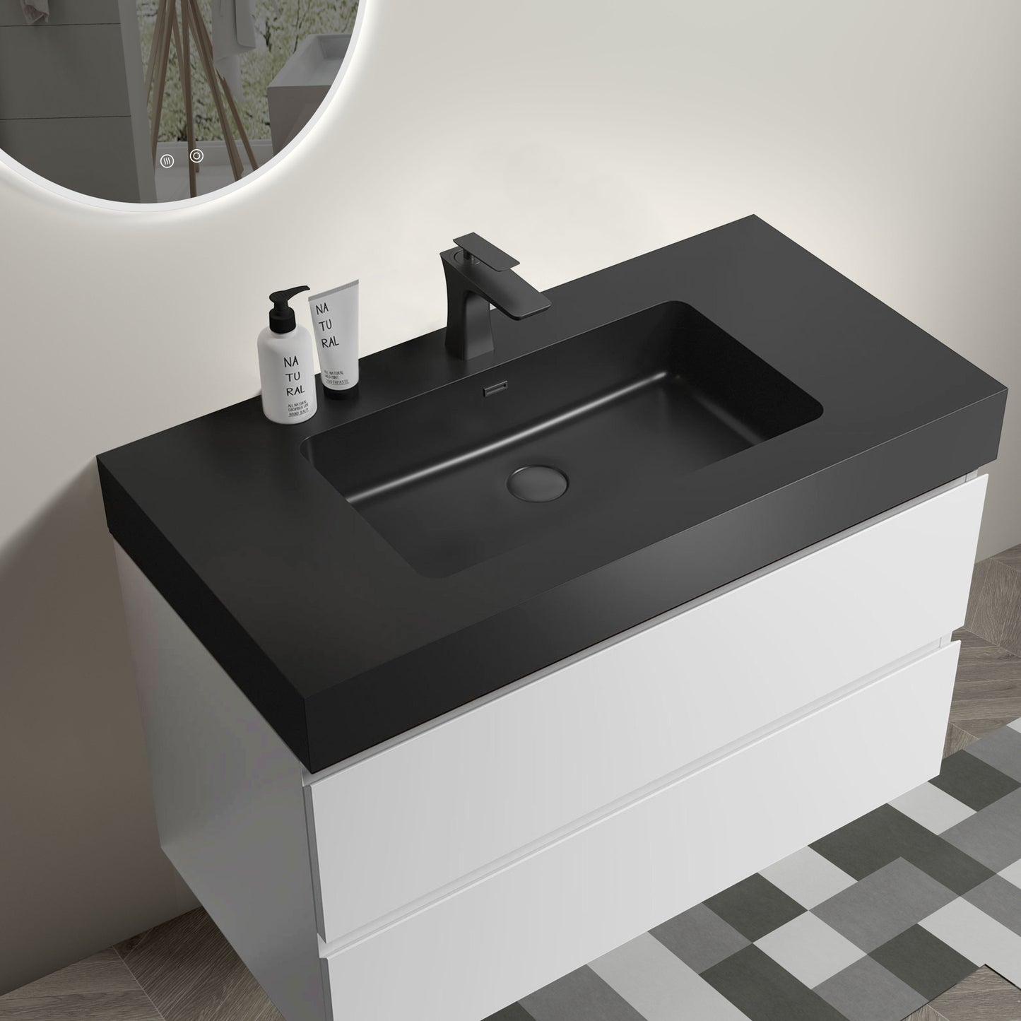 Alice 36" White Bathroom Vanity with Sink, Large Storage Wall Mounted Floating Bathroom Vanity for Modern Bathroom, One-Piece Black Sink Basin without Drain and Faucet