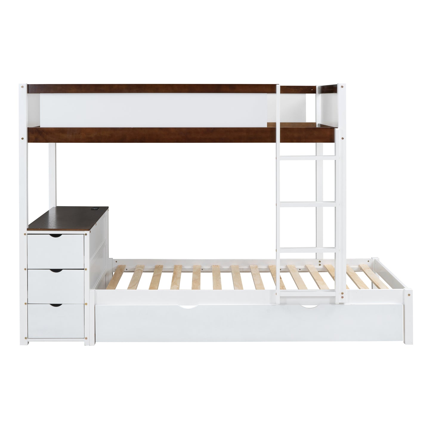 Twin Bunk Bed with Trundle, Storage, Desk, White-Walnut Finish & Maximized Space Storage Solution