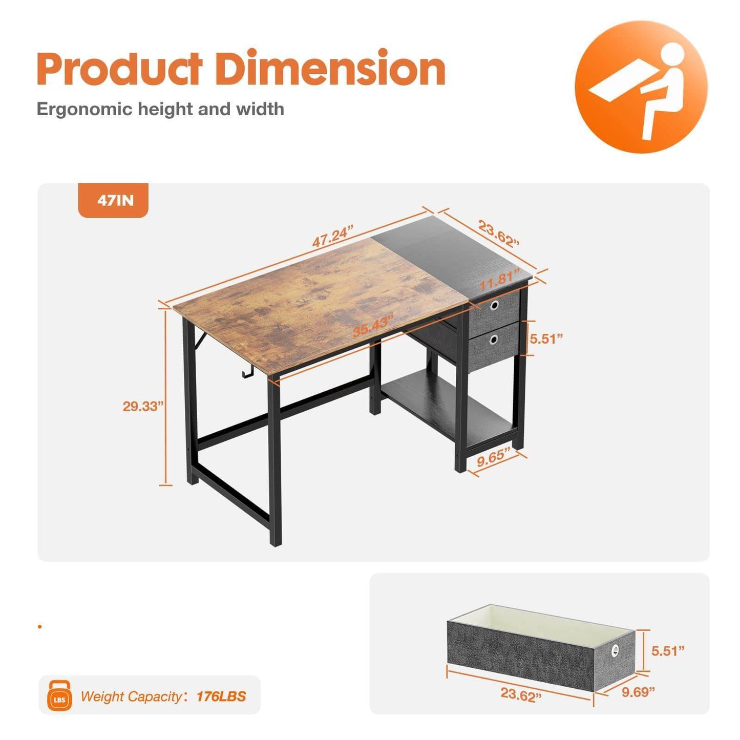 Modern Black Rustic Office Desk with 2-Tier Drawers and Storage Shelf