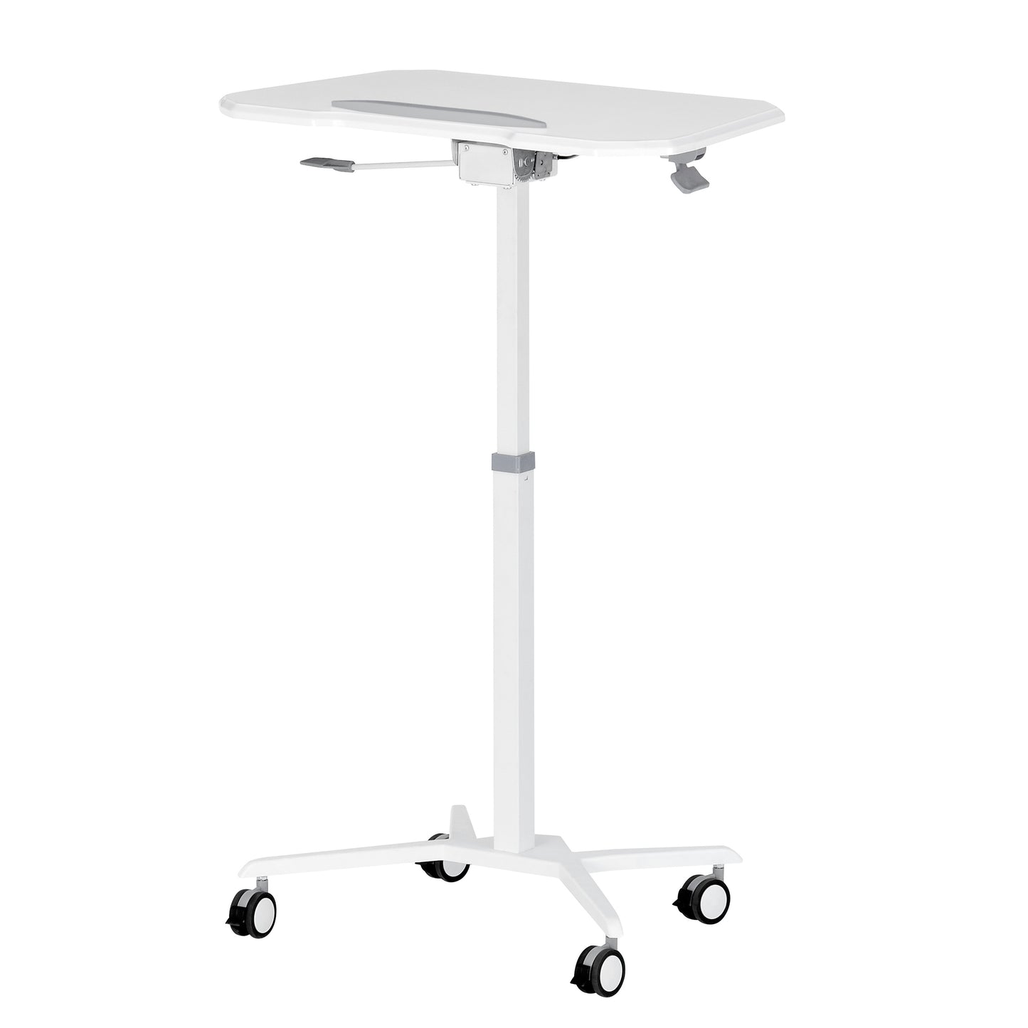 Adjustable White Laptop Stand with Tilt Tabletop and Rolling Mechanism