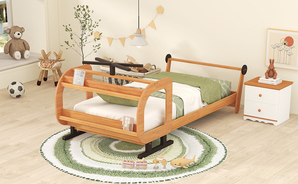 Twin Size Plane Shaped Platform Bed with Rotatable Propeller and Shelves, Natural