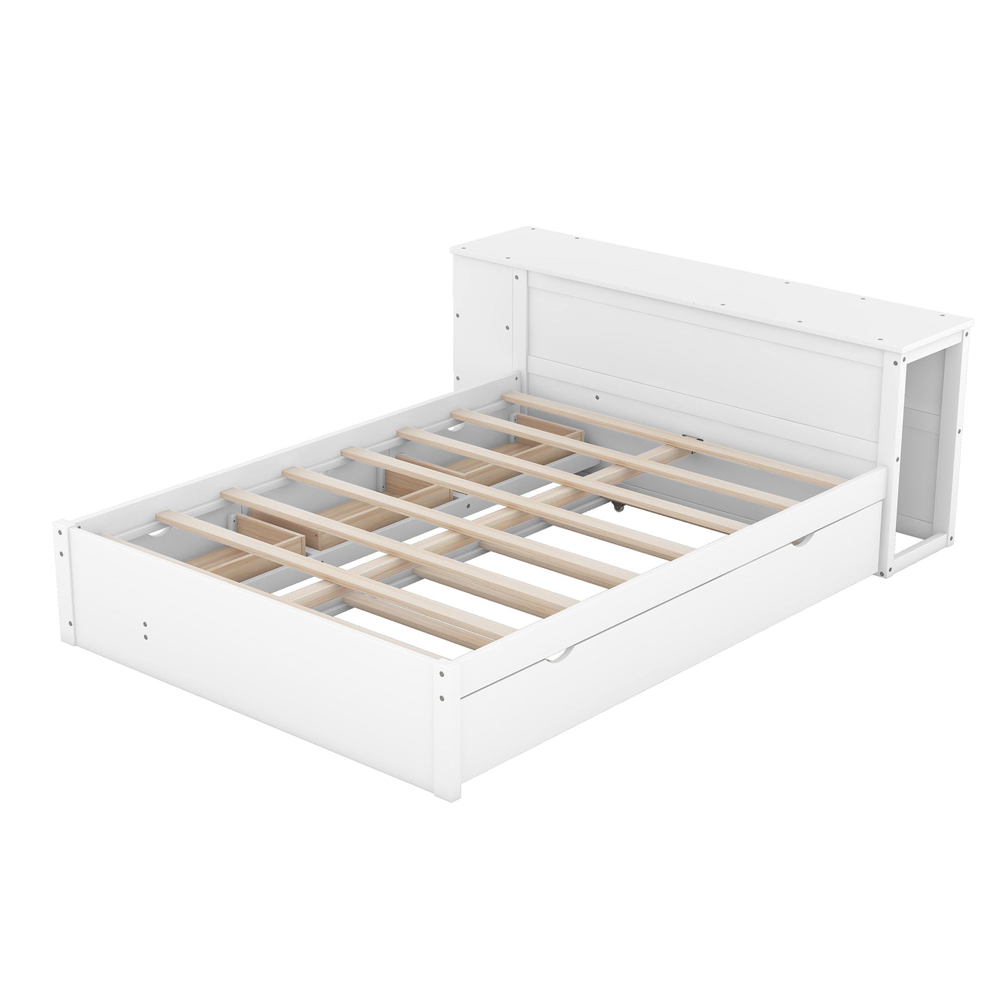 Full Size Platform Bed With a Rolling Shelf, White